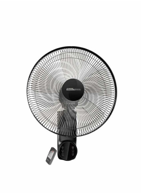 مروحة حائطية مع ريموت كنترول  60 وات، حجم 16″ (40 سم)، محرك نحاسي كامل (74*18 مم)، 5 شفرات AS، حركة تأرجح من اليسار إلى اليمين، 3 سرعات تحكم، مؤقت لمدة 12 ساعه مع ريموت كنترول، 220-240 فولت~ 50-60 هرتز