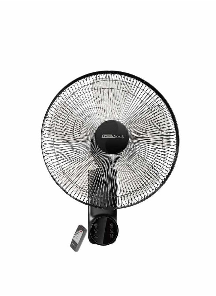 الكترو جنرال - مروحة حائطية مع ريموت كنترول  60 وات، حجم 16″ (40 سم)، محرك نحاسي كامل (74*18 مم)، 5 شفرات AS، حركة تأرجح من اليسار إلى اليمين، 3 سرعات تحكم، مؤقت لمدة 12 ساعه مع ريموت كنترول، 220-240 فولت~ 50-60 هرتز - Image 1
