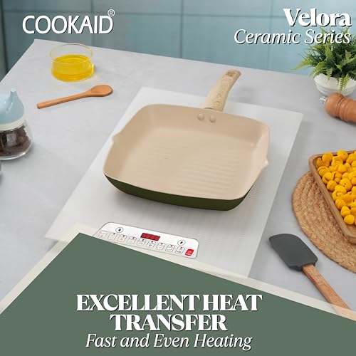 COOKAID Velora Series Non Stick Ceramic Grill Pan Wooden Handle 24cm 1.55Litre | Kitchen Cookware Pan for Cooking | Gas & Induction Base | Non-Toxic Healthy Cooking | Tandoori Pan/Grilling |PFOA Free - Image 4