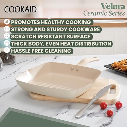 COOKAID Velora Series Non Stick Ceramic Grill Pan Wooden Handle 24cm 1.55Litre | Kitchen Cookware Pan for Cooking | Gas & Induction Base | Non-Toxic Healthy Cooking | Tandoori Pan/Grilling |PFOA Free - Image 5