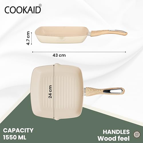 COOKAID Velora Series Non Stick Ceramic Grill Pan Wooden Handle 24cm 1.55Litre | Kitchen Cookware Pan for Cooking | Gas & Induction Base | Non-Toxic Healthy Cooking | Tandoori Pan/Grilling |PFOA Free - Image 2