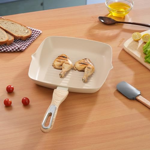 COOKAID Velora Series Non Stick Ceramic Grill Pan Wooden Handle 24cm 1.55Litre | Kitchen Cookware Pan for Cooking | Gas & Induction Base | Non-Toxic Healthy Cooking | Tandoori Pan/Grilling |PFOA Free - Image 1