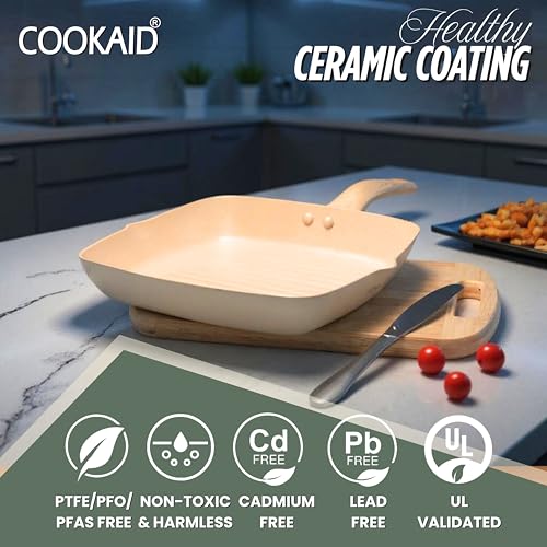 COOKAID Velora Series Non Stick Ceramic Grill Pan Wooden Handle 24cm 1.55Litre | Kitchen Cookware Pan for Cooking | Gas & Induction Base | Non-Toxic Healthy Cooking | Tandoori Pan/Grilling |PFOA Free - Image 3