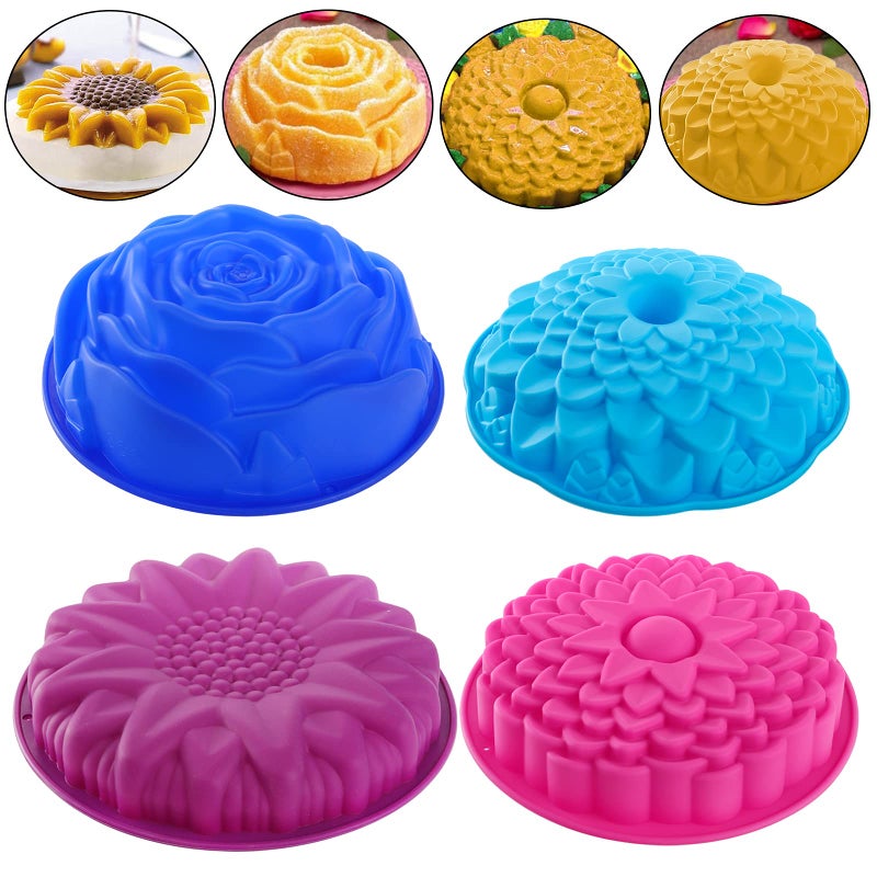 Deayou 4 Pack Flower Silicone Cake Molds  Pie Flan Tart Baking Pan  Silicone Baking Tray For Brownie  Diy  Anniversary  Birthday - Image 1