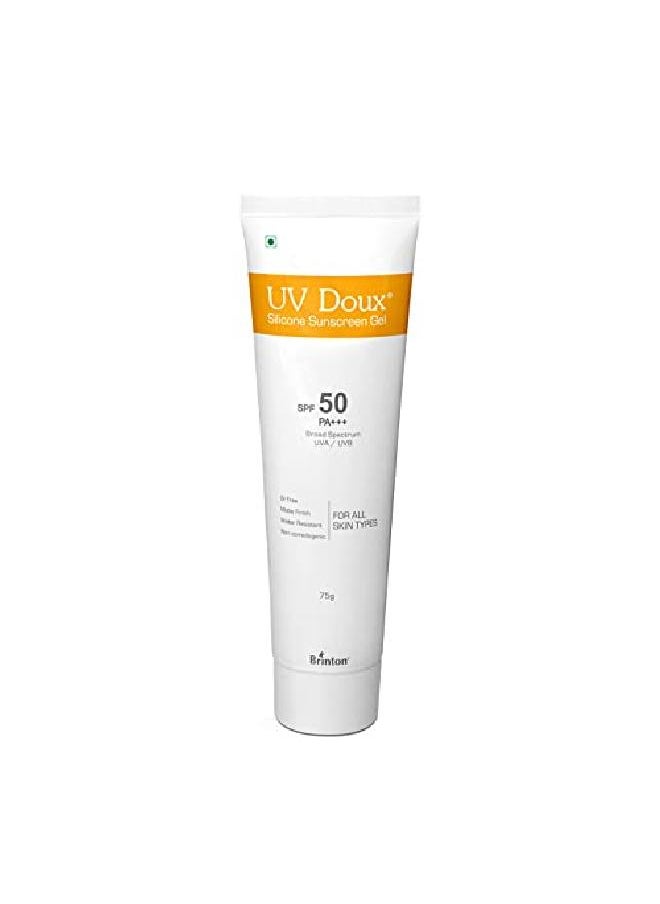 Brinton الرعاية الصحية جل Uvdoux للوجه والجسم الواقي من الشمس مع عامل حماية من الشمس SPF 50 Pa+++ بلمسة نهائية غير لامعة وتركيبة خالية من الزيوت | واقي شمسي مقاوم للماء| حماية ضد الأشعة فوق البنفسجية الطويلة والمتوسطة (75 جم)  - Image 1