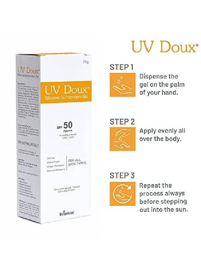 Brinton الرعاية الصحية جل Uvdoux للوجه والجسم الواقي من الشمس مع عامل حماية من الشمس SPF 50 Pa+++ بلمسة نهائية غير لامعة وتركيبة خالية من الزيوت | واقي شمسي مقاوم للماء| حماية ضد الأشعة فوق البنفسجية الطويلة والمتوسطة (75 جم)  - Image 4