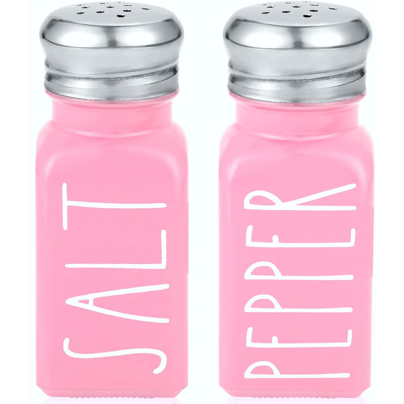 Pink Salt and Pepper Shakers Set by Brighter Barns  Modern Kitchen Decor and Accessories  Cute Glass Shakers  Vintage Decor for Home Restaurants Housewarming Gifts  Stainless Steel Lids Pink