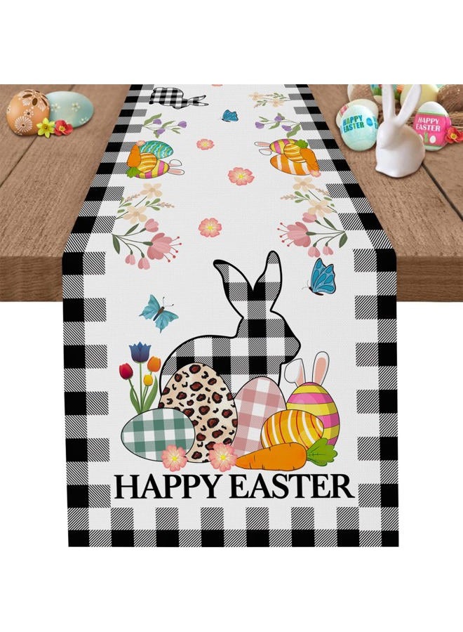 Abaysto Easter Bunny Eggs Table Runner Buffalo Plaid Linen Tables Runner Butterfly Burlap Dresser Scarf for Kitchen Dining, Holiday Family Dinner (13x72 Inch) - Image 1