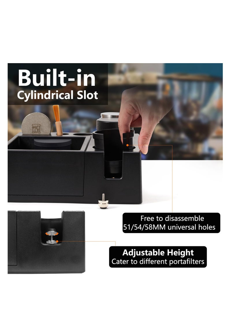SYOSI Espresso Knock Box, Espresso Coffee Organizer Box Fit for Storage 51, 54, 58MM Espresso Tamper, Distributor, Portafilter & Puck Screen Accessories, Plastic Station Base, Multifunctional Design (Black) - Image 2