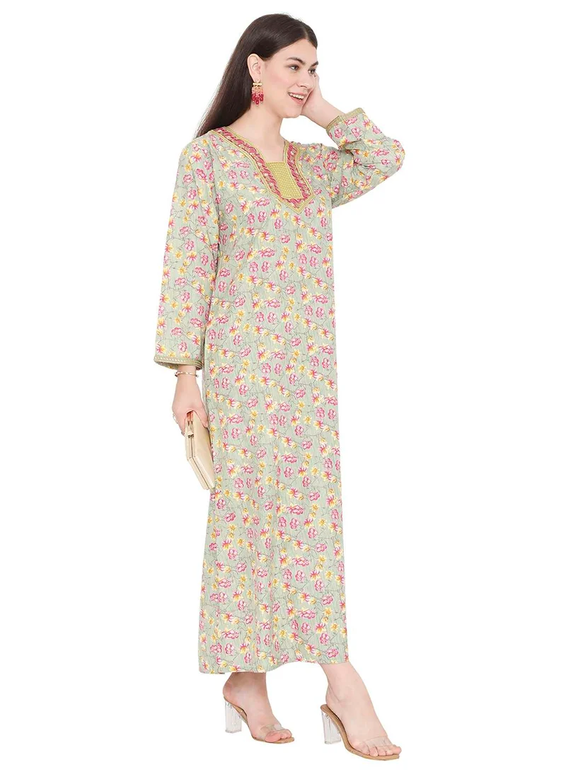 HANA & SARA MULTICOLOUR PRINTED AND THREAD EMBROIDERED LONG STYLISH ARABIC KAFTAN JALABIYA DRESS