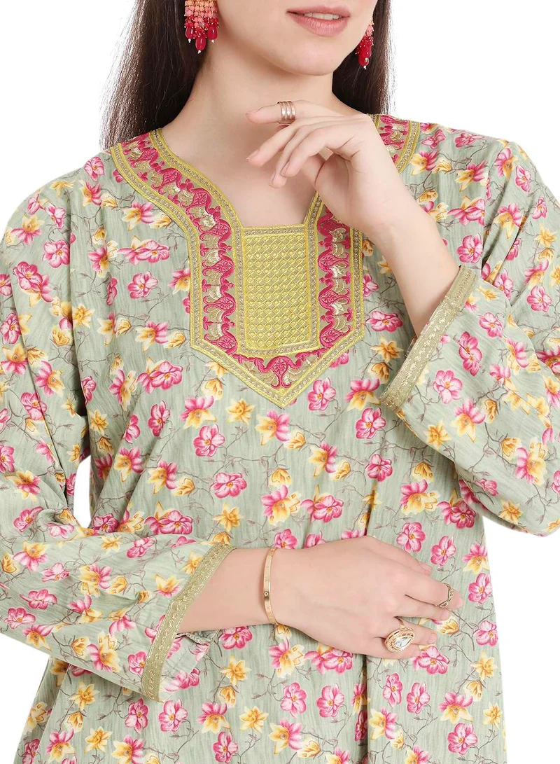 HANA & SARA MULTICOLOUR PRINTED AND THREAD EMBROIDERED LONG STYLISH ARABIC KAFTAN JALABIYA DRESS