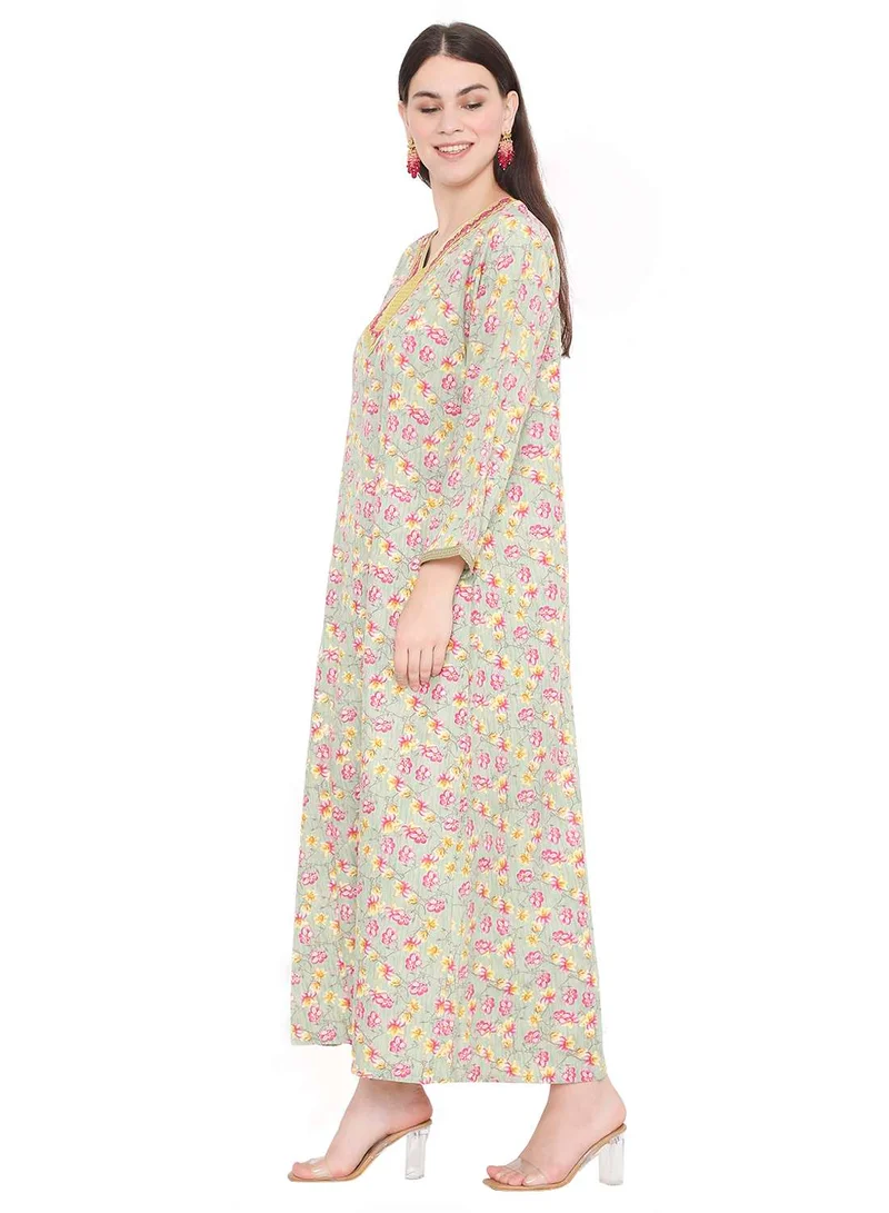 HANA & SARA MULTICOLOUR PRINTED AND THREAD EMBROIDERED LONG STYLISH ARABIC KAFTAN JALABIYA DRESS