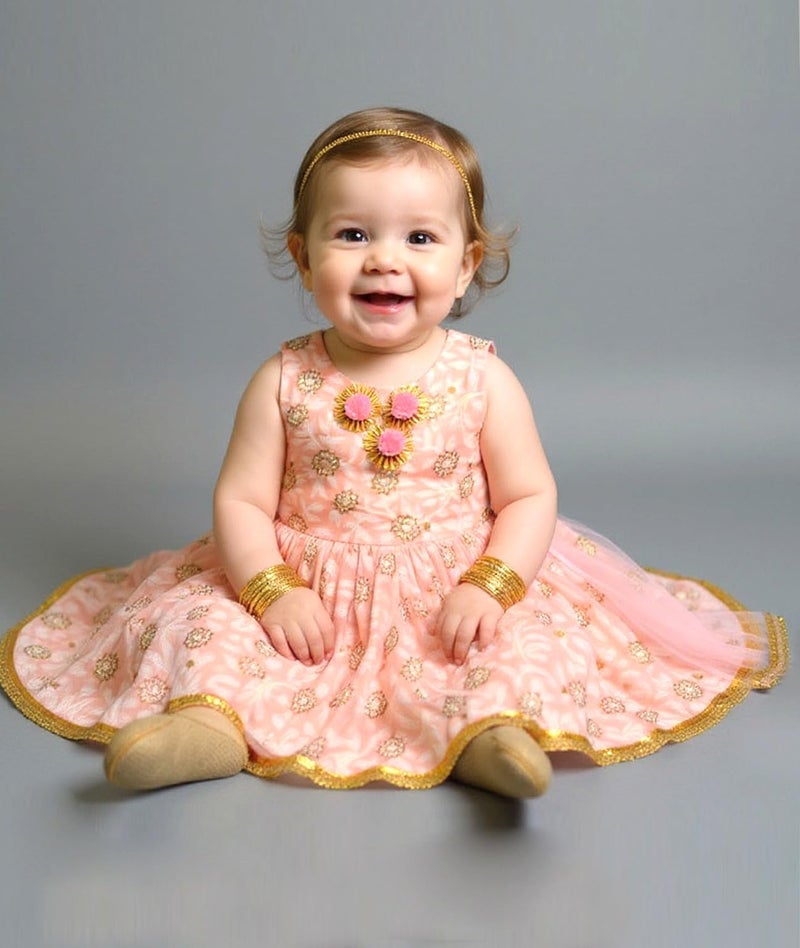 A.T.U.N. (ALL THINGS UBER NICE) Baby Girls Cotton Ethnic Floral Lehenga Choli Set with Golden Lace & Dupatta | Traditional 3-Piece Festive Outfit for Kids - Image 2