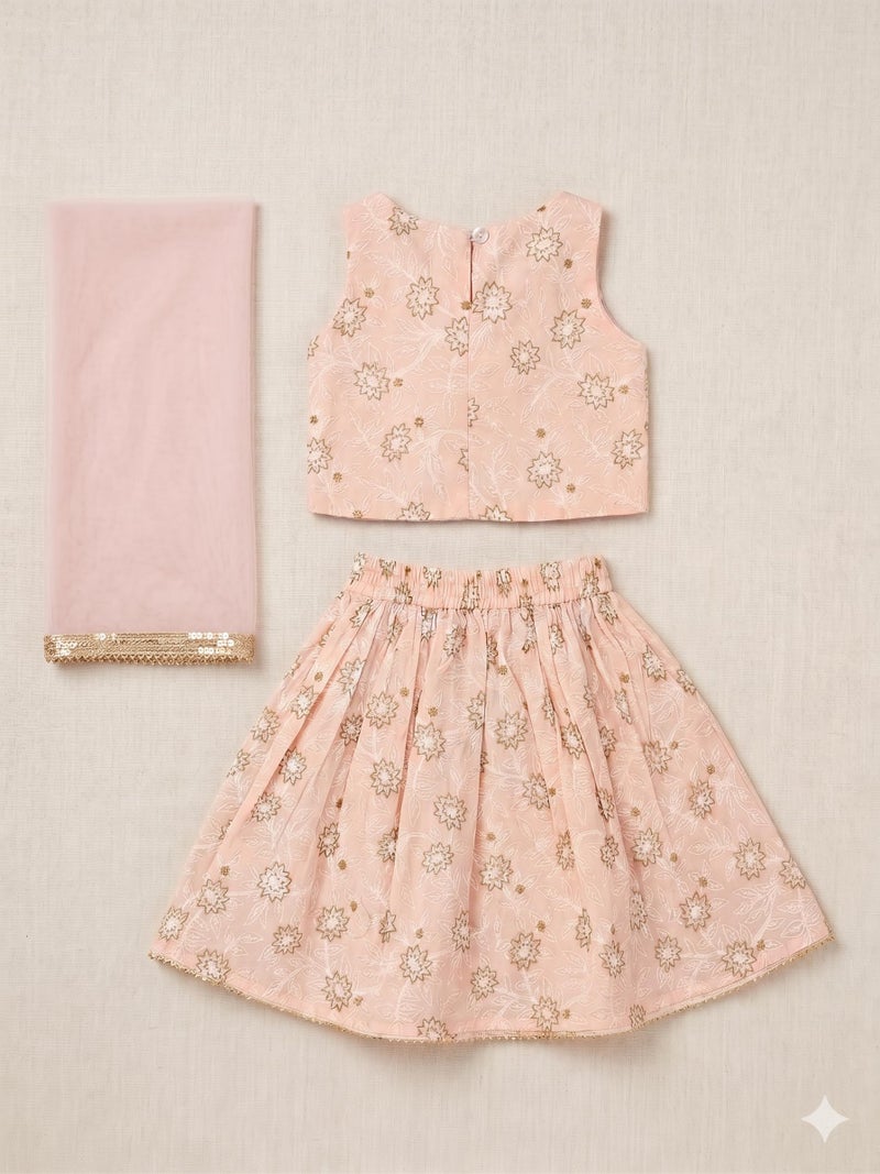 A.T.U.N. (ALL THINGS UBER NICE) Baby Girls Cotton Ethnic Floral Lehenga Choli Set with Golden Lace & Dupatta | Traditional 3-Piece Festive Outfit for Kids - Image 4