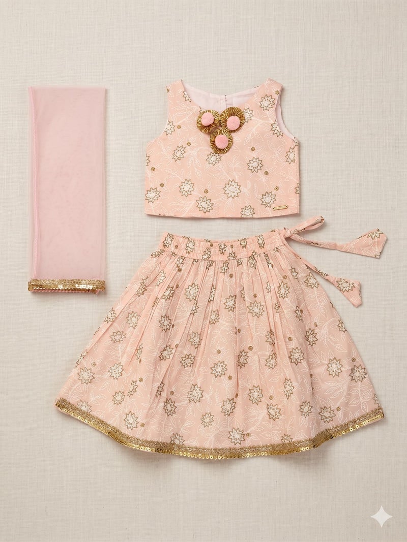 A.T.U.N. (ALL THINGS UBER NICE) Baby Girls Cotton Ethnic Floral Lehenga Choli Set with Golden Lace & Dupatta | Traditional 3-Piece Festive Outfit for Kids - Image 3