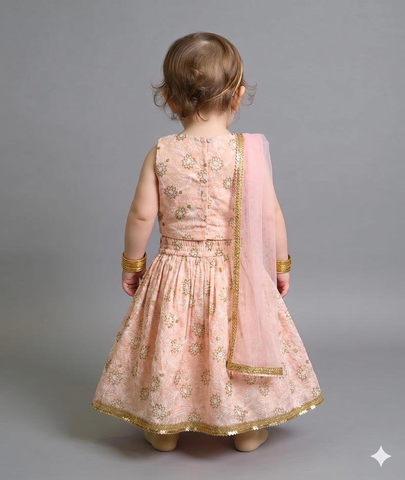 A.T.U.N. (ALL THINGS UBER NICE) Baby Girls Cotton Ethnic Floral Lehenga Choli Set with Golden Lace & Dupatta | Traditional 3-Piece Festive Outfit for Kids - Image 5