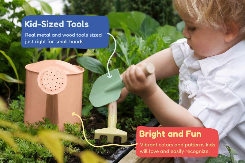 Kinderific Gardening Set, Tool Kit, for Kids, STEM, Includes Tote Bag, Spade, Watering Can, Rake, Fork, Trowel and Gloves, Fruity - Image 4