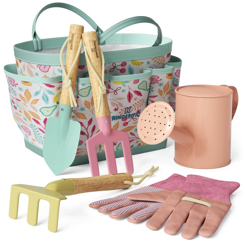Kinderific Gardening Set, Tool Kit, for Kids, STEM, Includes Tote Bag, Spade, Watering Can, Rake, Fork, Trowel and Gloves, Fruity - Image 1