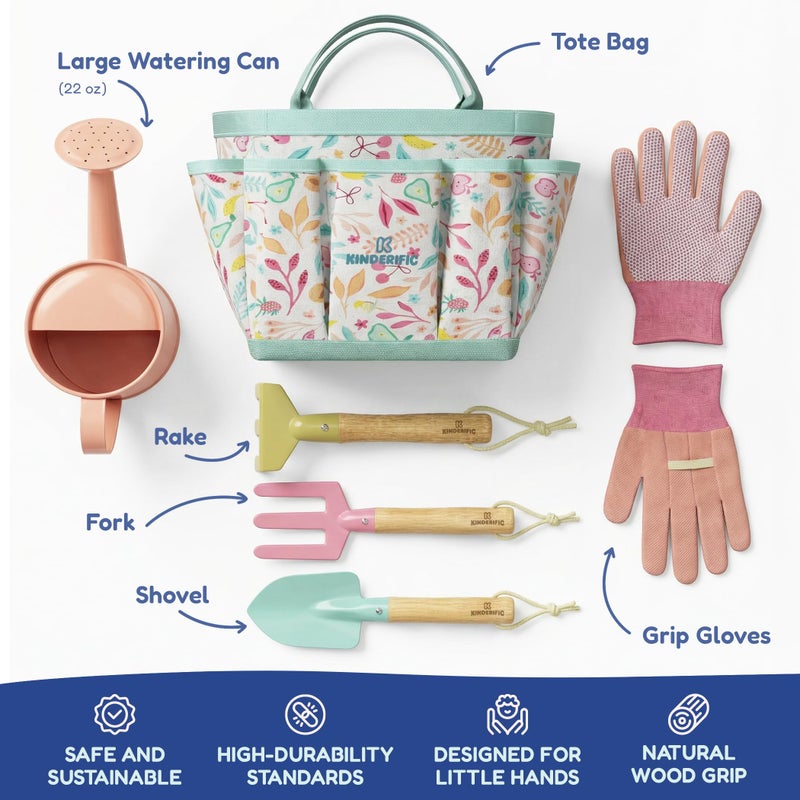Kinderific Gardening Set, Tool Kit, for Kids, STEM, Includes Tote Bag, Spade, Watering Can, Rake, Fork, Trowel and Gloves, Fruity - Image 3