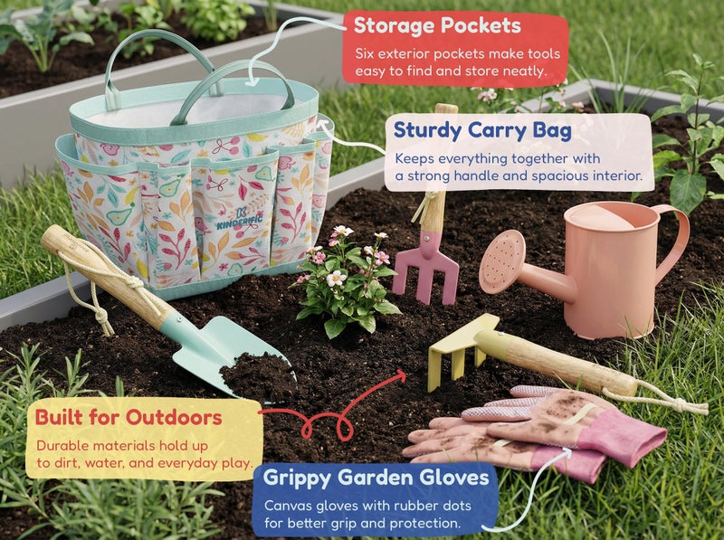 Kinderific Gardening Set, Tool Kit, for Kids, STEM, Includes Tote Bag, Spade, Watering Can, Rake, Fork, Trowel and Gloves, Fruity - Image 5