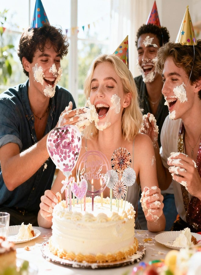 7 قطع من زينة كعكة عيد ميلاد باللون الذهبي الوردي - زينة كعكة أكريليك مع بالونات ورقية مراوح لتزيين حفلات أعياد الميلاد - Image 2