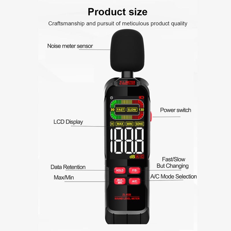 Household Noise Decibel Tester Professional 30-130dB Digital Noise Meter Handheld Fully Functional Digital Sound Level Meter LCD Backlit Display with Analogue Bar Maximum Minimum Display Data Hold - Image 5