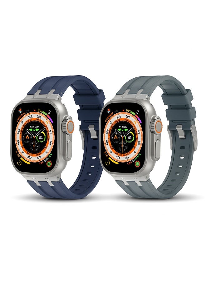 O Ozone (Pack of 2) O Ozone Liquid Silicone Rubber Bands Compatible with Apple Watch Band Series 9 Ultra 8 7 6 5 4 3 2 1 SE Men, Luxury Rubber Band with Stainless Steel Adapter for Apple Watch 49mm 45mm 44mm 42mm - Grey/Blue - Image 1