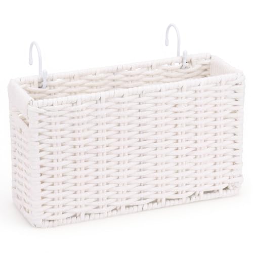 Jukercici Cotton Rope Woven Bedside Caddy for Dorm Bed, Foldable Bedside Shelf Bunk Bed Accessories, College Dorm Room Essentials Hanging Organizers Storage Basket, Room Decor Magazine File Holder (White) - Image 1