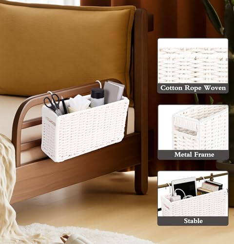 Jukercici Cotton Rope Woven Bedside Caddy for Dorm Bed, Foldable Bedside Shelf Bunk Bed Accessories, College Dorm Room Essentials Hanging Organizers Storage Basket, Room Decor Magazine File Holder (White) - Image 3