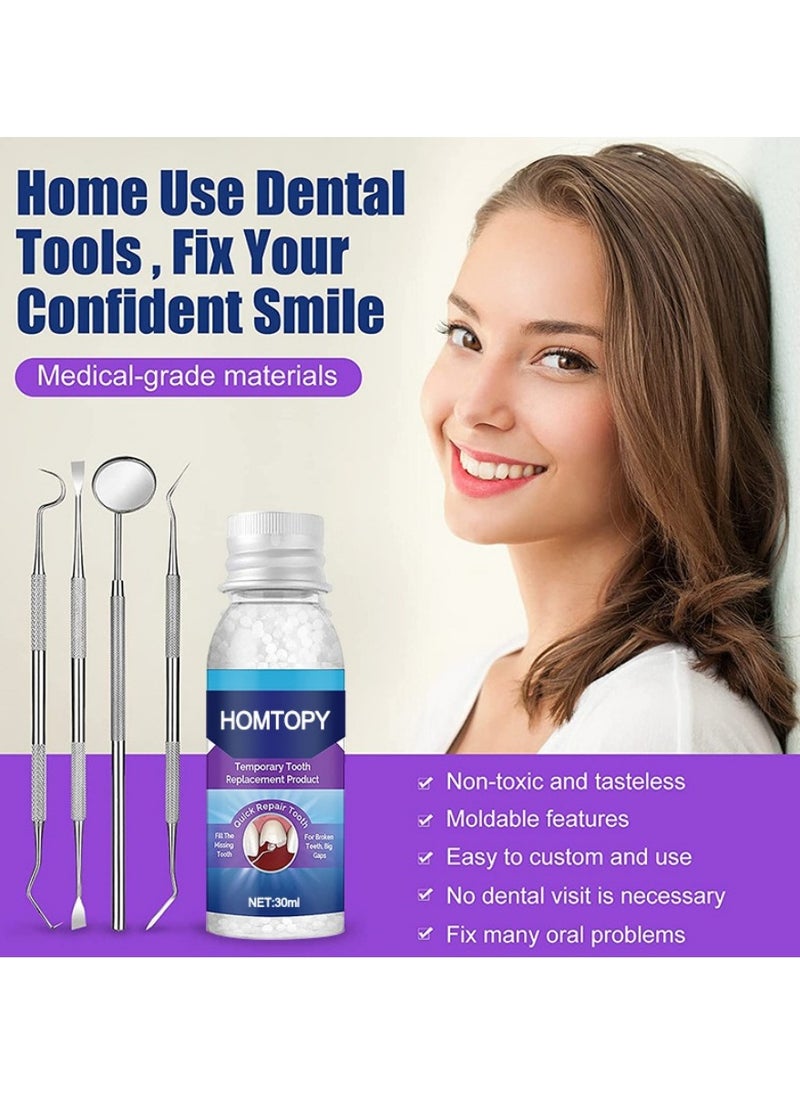 HOMTOPY - Tooth Repair Kit, 30ml Moldable Teeth Glue 4 Dental Tools Temporary Tooth Filling Set Dental Care Kit DIY at Home, Suitable for Men and Women - Image 1
