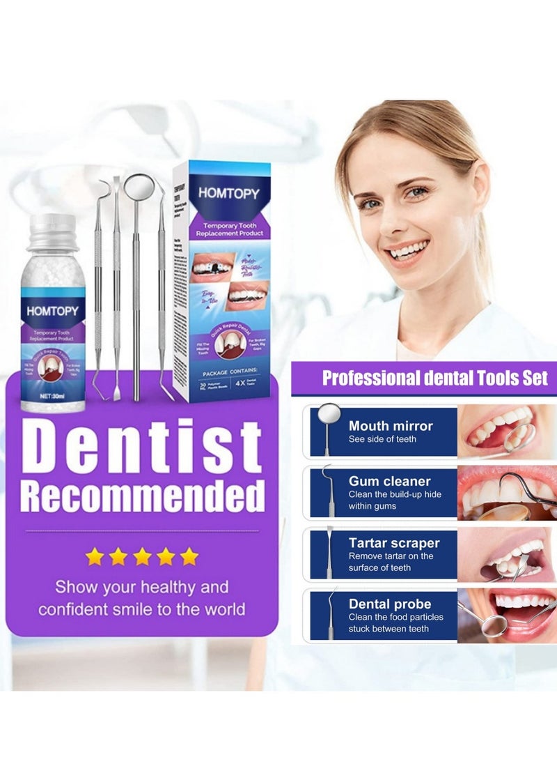 HOMTOPY - Tooth Repair Kit, 30ml Moldable Teeth Glue 4 Dental Tools Temporary Tooth Filling Set Dental Care Kit DIY at Home, Suitable for Men and Women - Image 1