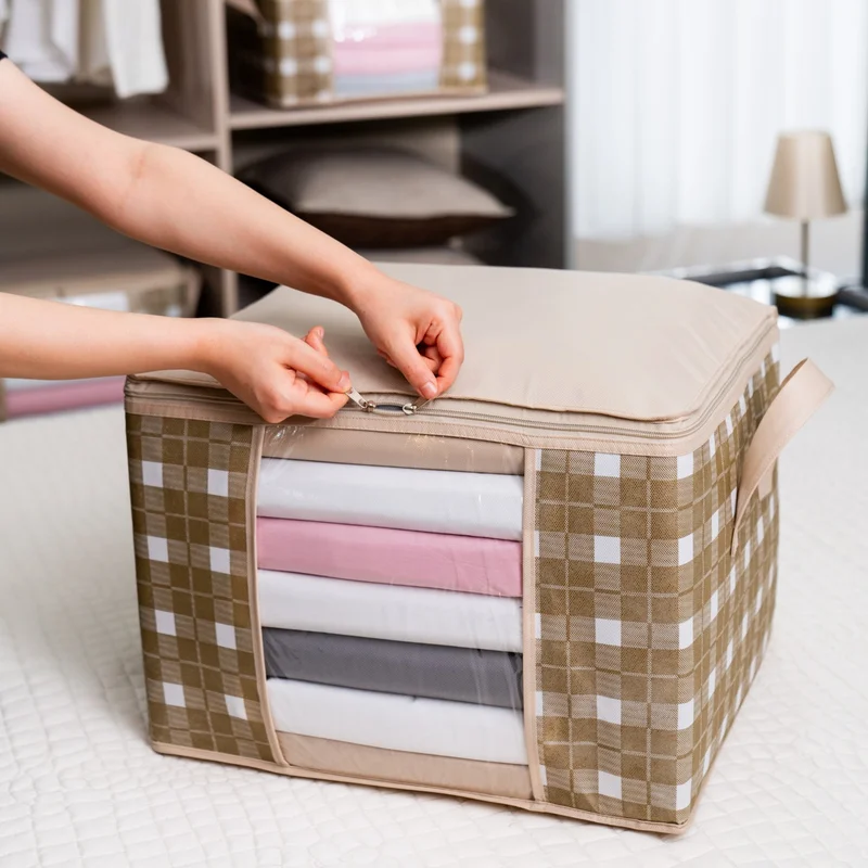 Nacarev 3 Pieces Medium Size Window Square Patterned Plaid Gray Sweater Pique Blanket Organizer Storage Bag Set 45X40X30 cm