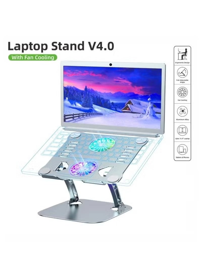 ELTRAZONE - Laptop Stand V4.0 with Built-In Cooling Fans – 180° Double Axis Adjustable Aluminum Notebook Riser for 11" to 17.3" Laptops – Ergonomic, Foldable, and Anti-Slip Design with Superior Heat Dissipation – Durable and Stylish Silver Stand for Desk, Office, Home, and Study Use - Image 1