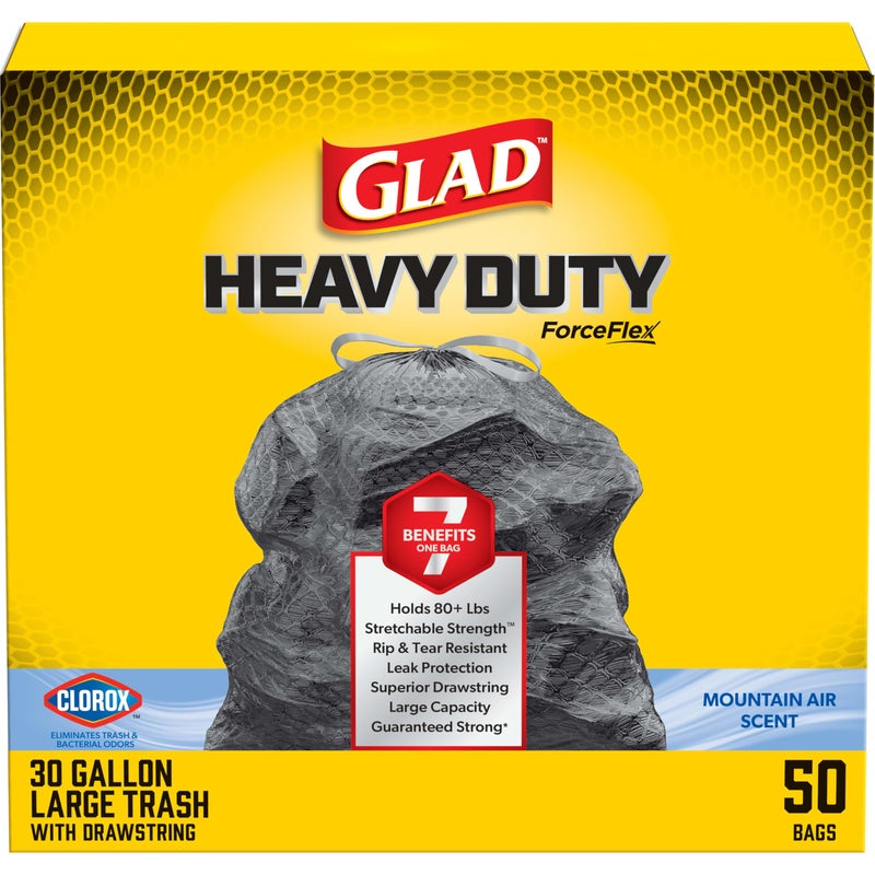 Glad ForceFlex Heavy Duty Trash Bags With Clorox, Mountain Air, 30 Gal, 50 Ct (Package May Vary) - Image 1
