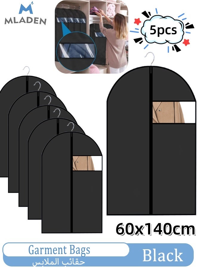 MLADEN 5 Pack Garment Bags for Hanging Clothes EVA Garment Protector Cover Bags,Hanging Clothing Covers with Clear Window and Zipper Closure,Dust-proof Waterproof Clothing Protector Covers for Home Storage Clothing Stores & Travel,60x140cm - Image 1