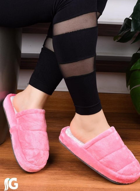Women's plain fur slippers, rose color