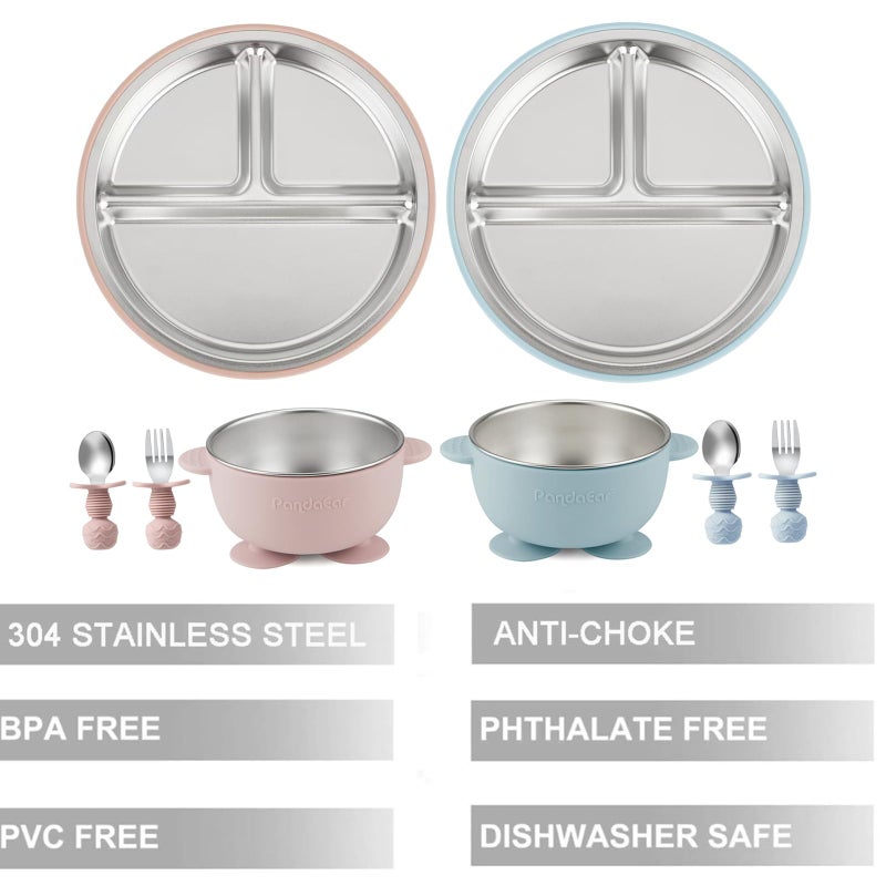PandaEar 8PCS Baby Feeding Set | Stainless Steel Suction Plates and Bowls with Silicone Fork and Spoon Utensils | Baby Led Weaning Tableware for Toddlers & Kids (Pink & Blue) - Image 3