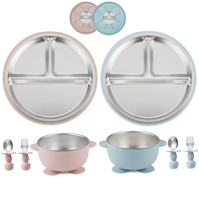 PandaEar 8PCS Baby Feeding Set | Stainless Steel Suction Plates and Bowls with Silicone Fork and Spoon Utensils | Baby Led Weaning Tableware for Toddlers & Kids (Pink & Blue) - Image 1