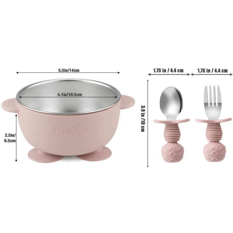 PandaEar 8PCS Baby Feeding Set | Stainless Steel Suction Plates and Bowls with Silicone Fork and Spoon Utensils | Baby Led Weaning Tableware for Toddlers & Kids (Pink & Blue) - Image 5