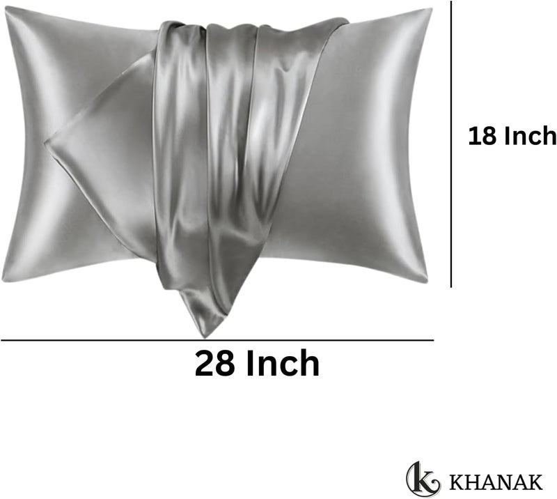 Khanak مجموعة من 2 وسادة من الساتان الحريري للشعر والبشرة مقاس قياسي 18 × 28 بوصة مع أغطية وسائد ناعمة قابلة للتنفس وباردة للنوم (2، رمادي) - Image 2