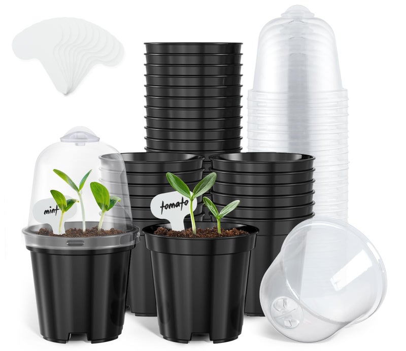 homenote Nursery Pots for Plants3 Inch Plant Pot for Planting with Humidity Domes Plastic Seedling with Drainage Holes Seed Starter Flower with 10 Labels Black 30 Pack - Image 2