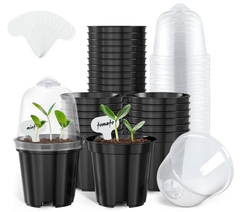 homenote Nursery Pots for Plants3 Inch Plant Pot for Planting with Humidity Domes Plastic Seedling with Drainage Holes Seed Starter Flower with 10 Labels Black 30 Pack - Image 1