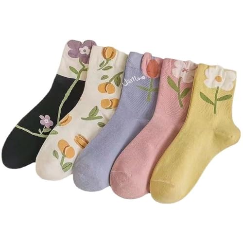 CazDopaM Cute Cotton Socks for Women and Girls, 5 Pairs Socks for Sports and Daily Wear Vintage Socks Floral Crew Socks (5-pairs,Cotton) - Image 1