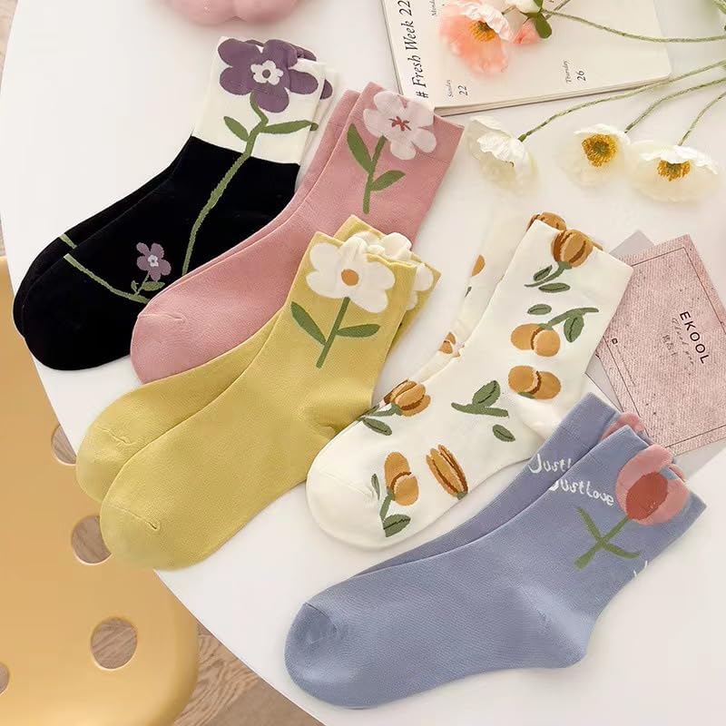 CazDopaM Cute Cotton Socks for Women and Girls, 5 Pairs Socks for Sports and Daily Wear Vintage Socks Floral Crew Socks (5-pairs,Cotton) - Image 2