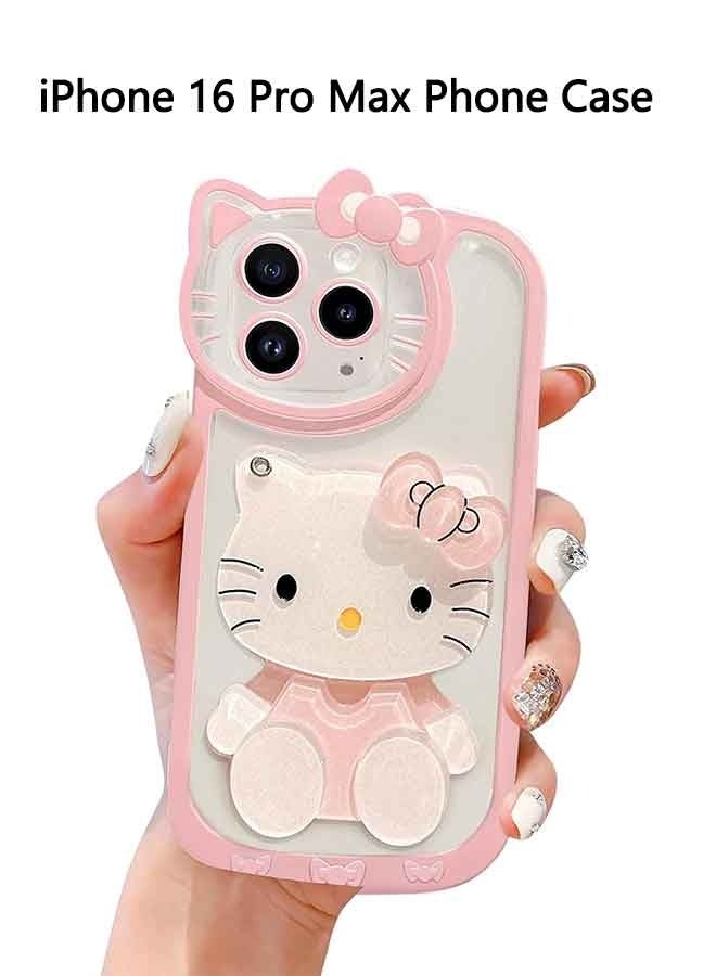 Compatible for iPhone 16 Pro Max Cute Cartoon Case, 3D Bow Funny Kawaii Cartoon Cat Case with Mini Makeup Mirror for Girls Women Soft Silicone Clear Shockproof Phone Cover, Pink - Image 1