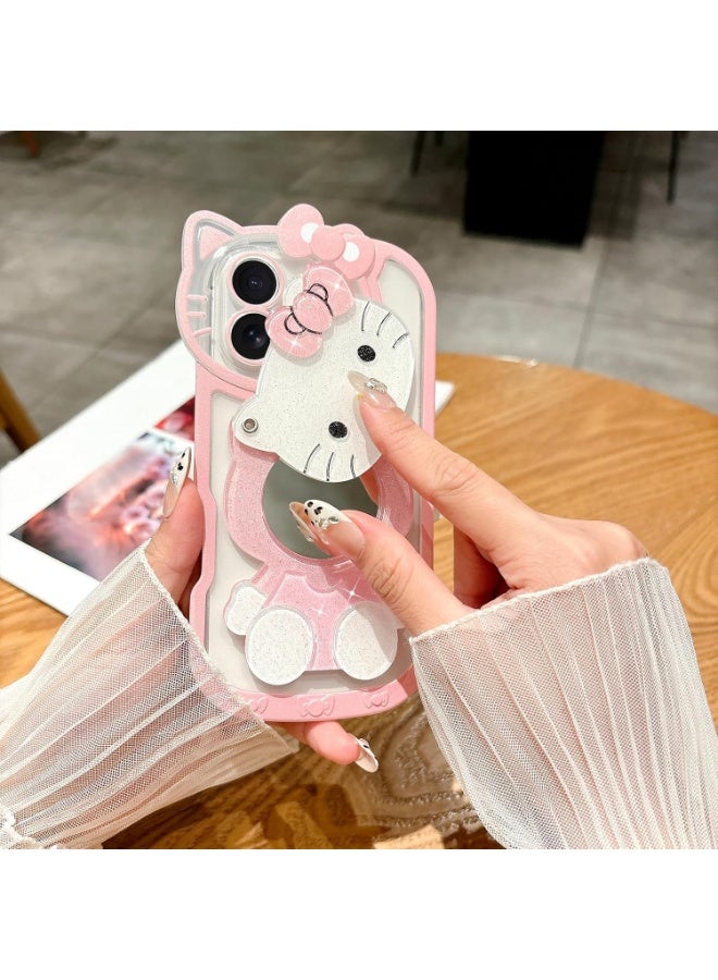 Compatible for iPhone 16 Pro Max Cute Cartoon Case, 3D Bow Funny Kawaii Cartoon Cat Case with Mini Makeup Mirror for Girls Women Soft Silicone Clear Shockproof Phone Cover, Pink - Image 5