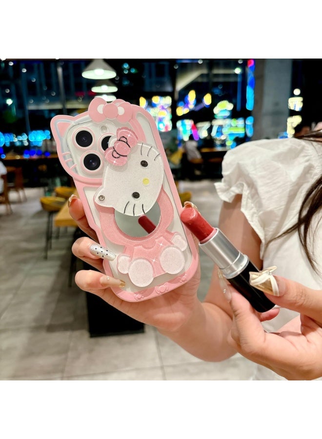 Compatible for iPhone 16 Pro Max Cute Cartoon Case, 3D Bow Funny Kawaii Cartoon Cat Case with Mini Makeup Mirror for Girls Women Soft Silicone Clear Shockproof Phone Cover, Pink - Image 2
