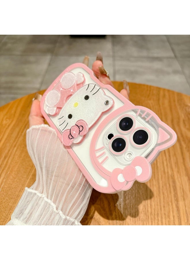 Compatible for iPhone 16 Pro Max Cute Cartoon Case, 3D Bow Funny Kawaii Cartoon Cat Case with Mini Makeup Mirror for Girls Women Soft Silicone Clear Shockproof Phone Cover, Pink - Image 3