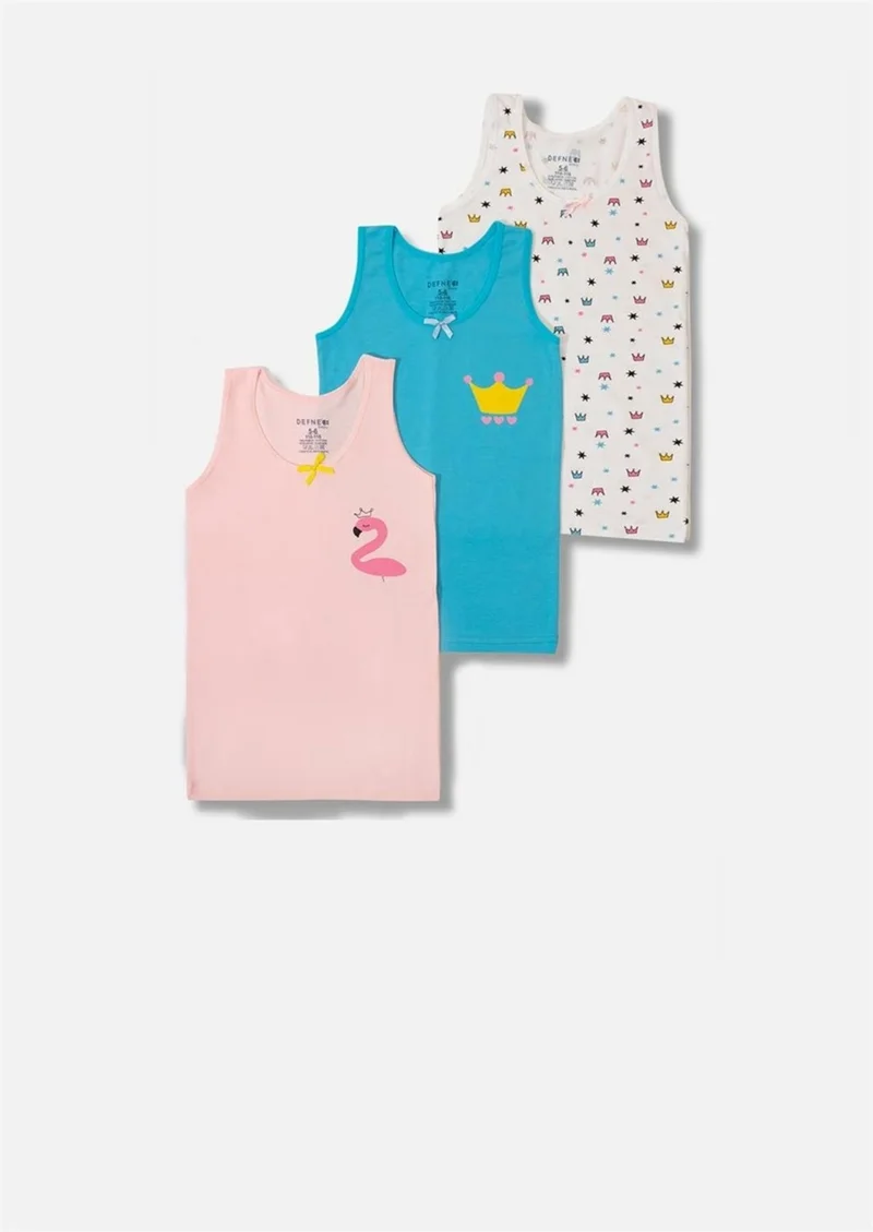 Defne Princess Flamingo Pattern Printed Combed Cotton Elastane Girls 3-Piece Boxer Set