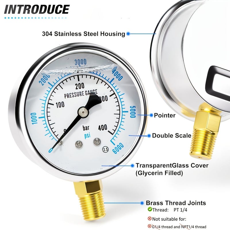 Pressure Gauge Y60 Vibration Resistant Anti Vibration 0 400 Bar 6000 Psi PT1 4 Threaded Connection Filled Metal Housing Includes 2 Rolls Of Ptfe Tape - Image 1